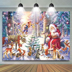 Lofaris Santa Animals Forest Snow Christmas Holiday Backdrop