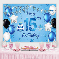 Lofaris Sea Blue Flags And Balloons Happy 15th Birthday Backdrop