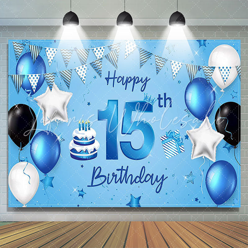 Lofaris Sea Blue Flags And Balloons Happy 15th Birthday Backdrop