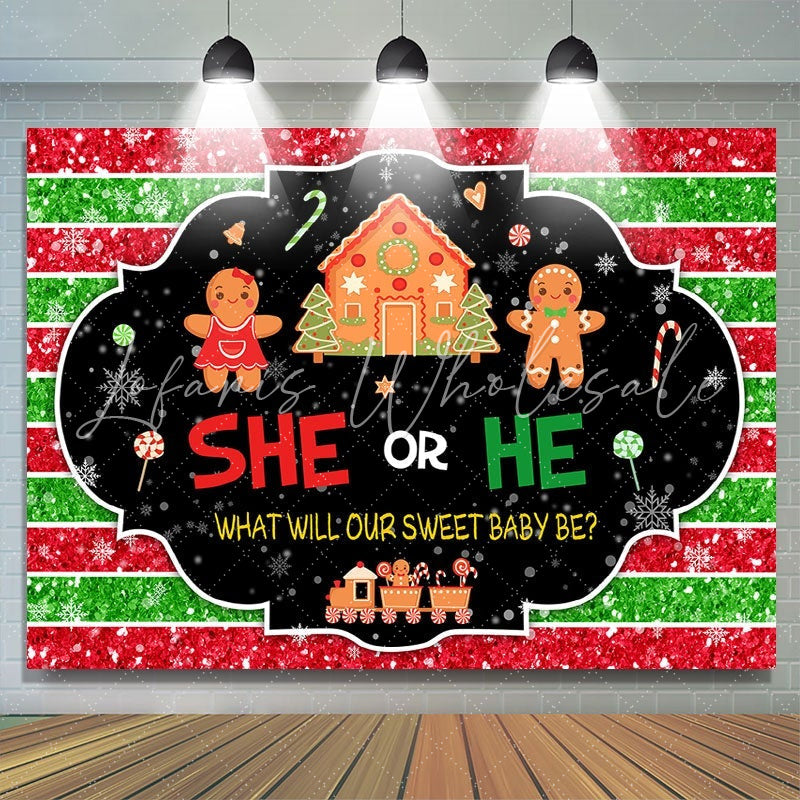 Lofaris She or He stripe Gingerbread Snow Baby Shower Backdrop