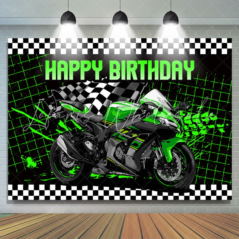 Lofaris Shiny Green Motorcycle Boy Happy Birthday Backdrop