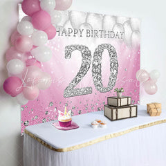 Lofaris Silver Balloons Diamonds Pink 20th Birthday Backdrop