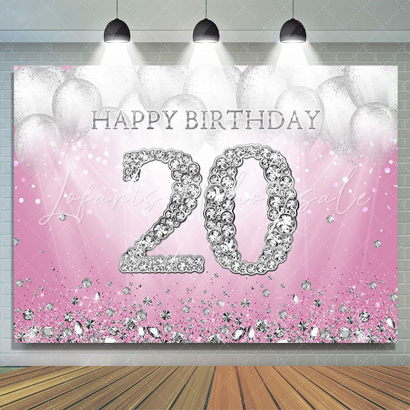 Lofaris Silver Balloons Diamonds Pink 20th Birthday Backdrop