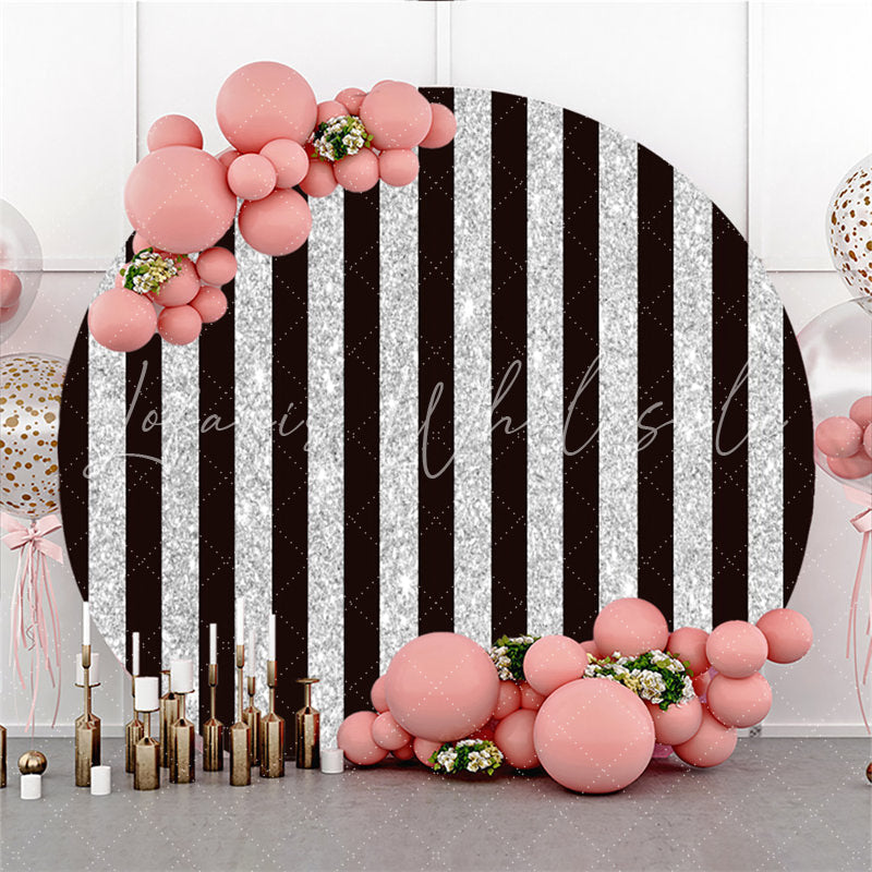 Lofaris Silver Black Stripe Theme Happy Birthday Round Backdrop