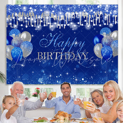 Lofaris Silver Glitter Navy Blue Balloon Happy Birthday Backdrop