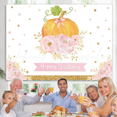 Lofaris Simple Pumpkin Pink Flowers Happy Birthday Backdrop