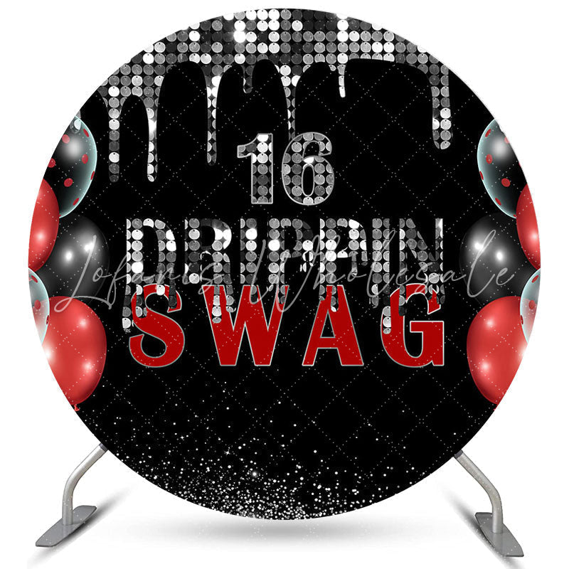 Lofaris Sliver And Black Swag 16th Round Happy Birthday Backdrop