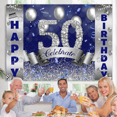 Lofaris Silver And Blue Bokeh Glitter Happy 50th Birthday Backdrop