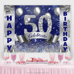 Lofaris Silver And Blue Bokeh Glitter Happy 50th Birthday Backdrop