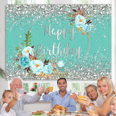 Lofaris Silver Diamonds Blue Floral Cyan Birthday Backdrop