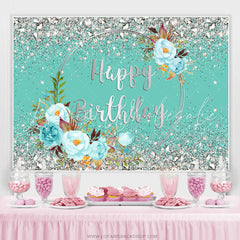 Lofaris Silver Diamonds Blue Floral Cyan Birthday Backdrop