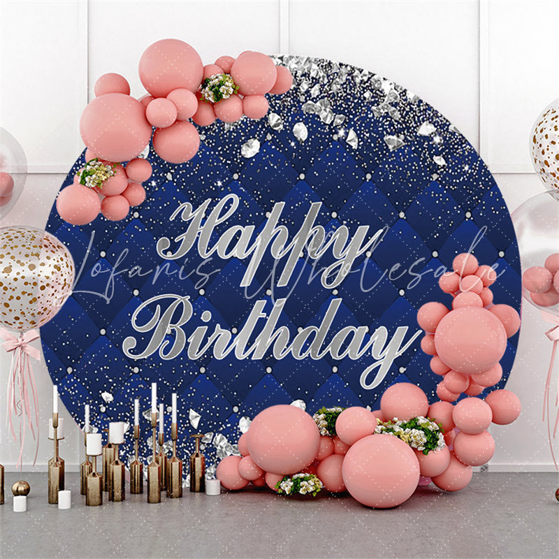 Lofaris Silver Diamonds Round Navy Blue Happy Birthday Backdrop