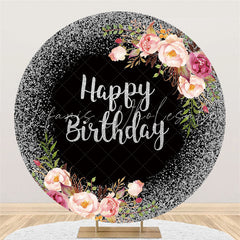 Lofaris Silver Glitter And Pink Floral Round Birthday Backdrop