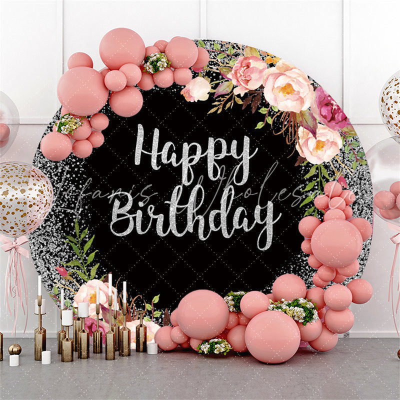 Lofaris Silver Glitter And Pink Floral Round Birthday Backdrop