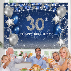 Lofaris Silver Glitter Ballon And Blue 30th Birthday Backdrop