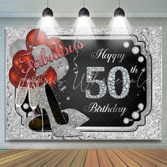 Lofaris Silver Glitter Happy 50th Birthday Heels Bolloon Party Backdrop