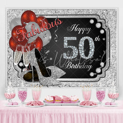 Lofaris Silver Glitter Happy 50th Birthday Heels Bolloon Party Backdrop