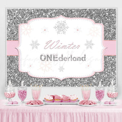 Lofaris Silver Pink Winter Onederland Snowflake Birthday Backdrop for Girl