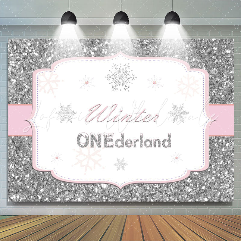 Lofaris Silver Pink Winter Onederland Snowflake Birthday Backdrop for Girl