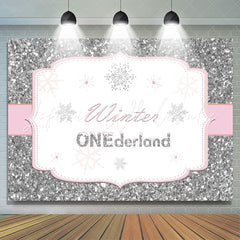 Lofaris Silver Pink Winter Onederland Snowflake Birthday Backdrop for Girl