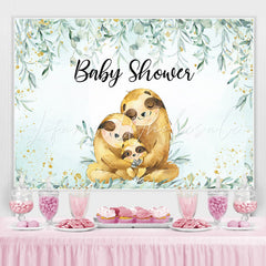 Lofaris Sloths Family Green Plant Gold Baby Shower Backdrop