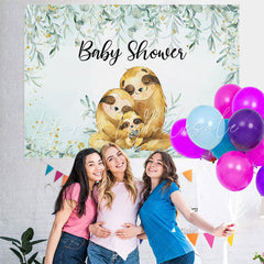 Lofaris Sloths Family Green Plant Gold Baby Shower Backdrop