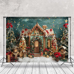 Lofaris Snow Wooden House Trees Green Christmas Backdrop