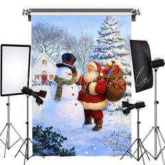 Lofaris Snowman And Santa Pine Tree Photo Christmas Backdrop