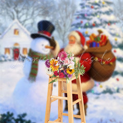 Lofaris Snowman And Santa Pine Tree Photo Christmas Backdrop