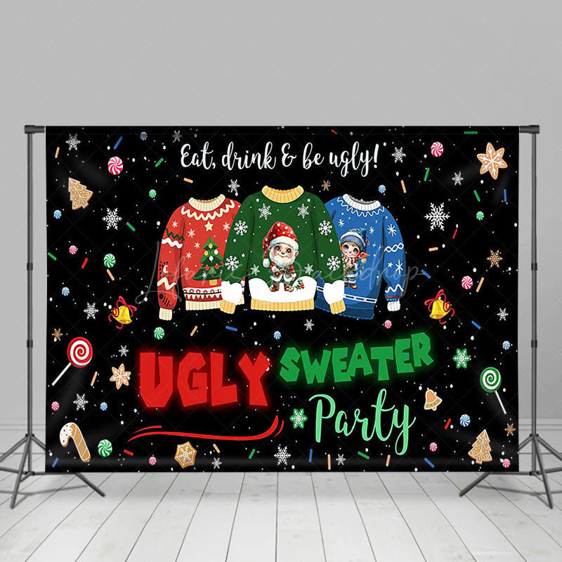 Lofaris Snowy Black Ugly Sweater Christmas Party Backdrop