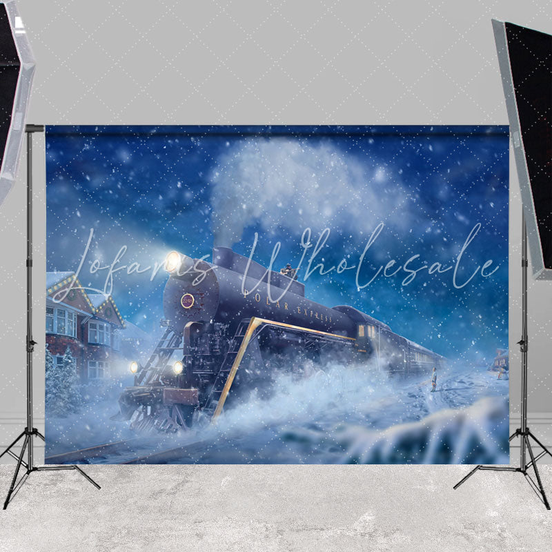 Lofaris Snowy Blue Night Running Cute Train Winter Backdrop