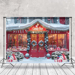 Lofaris Snowy Red Wooden Candy Shop Grass Christmas Backdrop