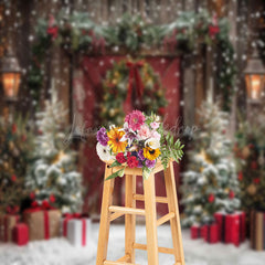 Lofaris Snowy Trees Vintage Wooden Door Christmas Backdrop