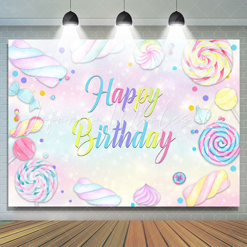 Lofaris Soft Colorful Candy Themed Happy Birthday Backdrop