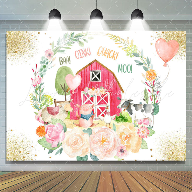 Lofaris Sparkle Floral Wooden House Animal Birthday Backdrop