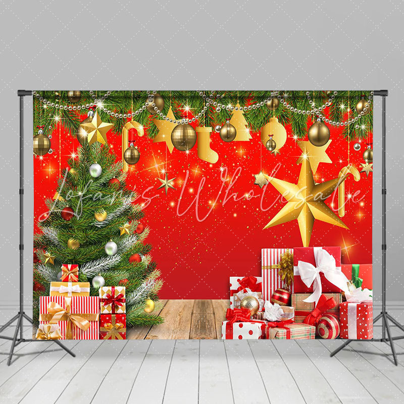 Lofaris Sparkle Green Xmas Tree Gift Red Christmas Backdrop