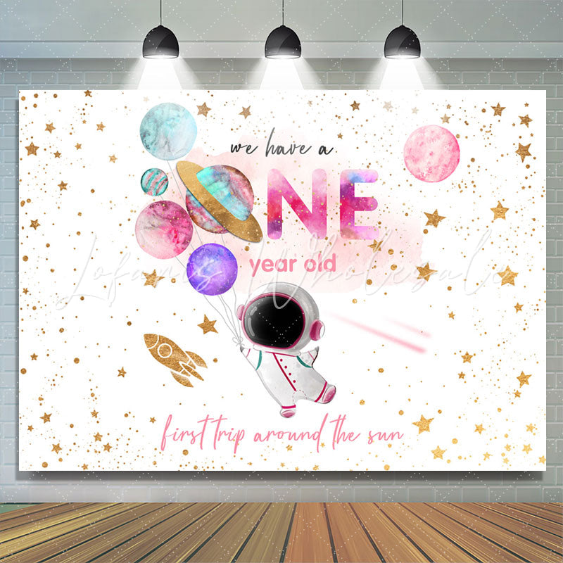 Lofaris Star Astronaut Pink Golden 1st Birthday Backdrop