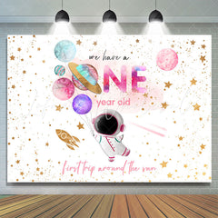 Lofaris Star Astronaut Pink Golden 1st Birthday Backdrop