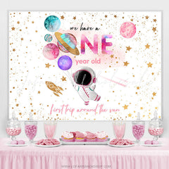 Lofaris Star Astronaut Pink Golden 1st Birthday Backdrop