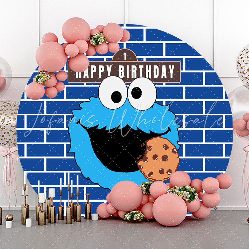 Lofaris Street Cookie Monster Blue Round Birthday Backdrop