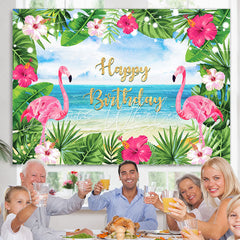 Lofaris Summer Sea Pink Flamingos and Leaves Birthday Backdrop