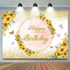 Lofaris Sunflower Butterfly Pink Gold Happy Birthday Backdrop