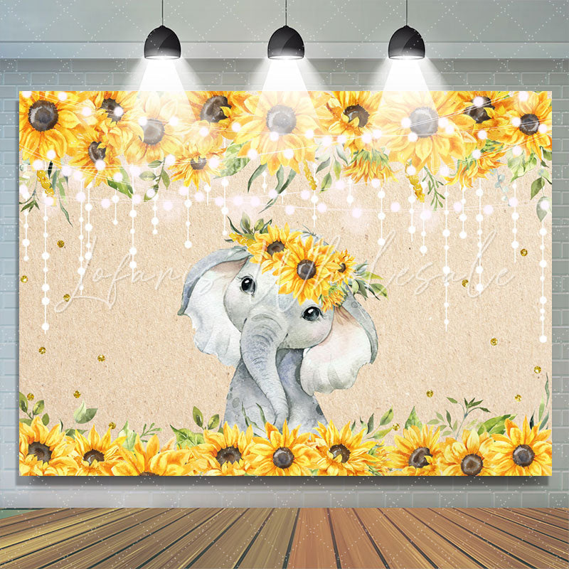 Lofaris Sunflower Elephant Gold Glitter Lights Baby Shower Backdrop