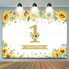 Lofaris Sunflower Gold Glitter Happy 1st Birthday Backdrop for Girl