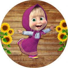 Lofaris Sunflowers And Little Girl Round Wood Birthday Backdrop