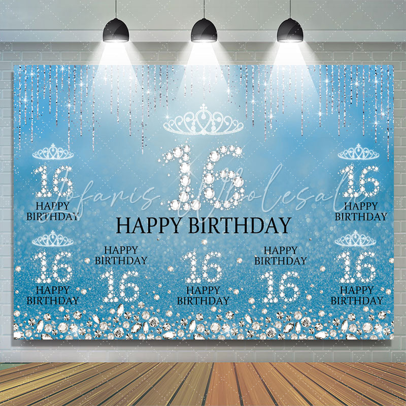 Lofaris Sweet 16 Diamond Glitter Blue Birthday Backdrop