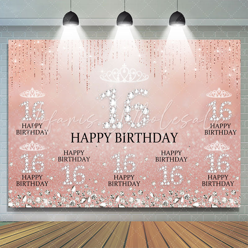 Lofaris Sweet 16 Pink Glitter Diamond Birthday Backdrop for Girls