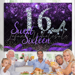 Lofaris Sweet 16 Silver Diamond Purple Glitter Sixteen Birthday Backdrop for Girl