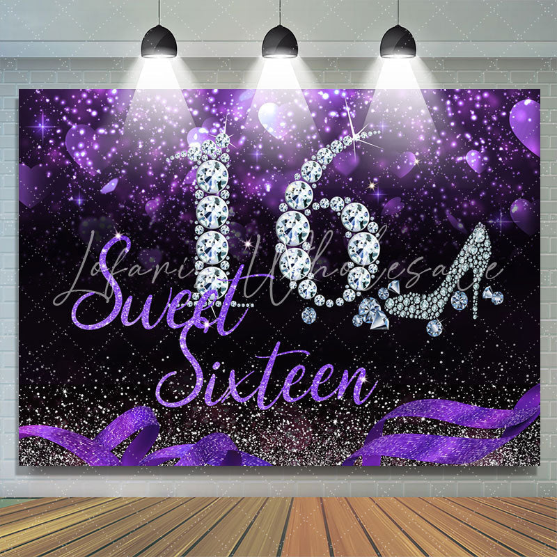 Lofaris Sweet 16 Silver Diamond Purple Glitter Sixteen Birthday Backdrop for Girl