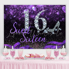 Lofaris Sweet 16 Silver Diamond Purple Glitter Sixteen Birthday Backdrop for Girl